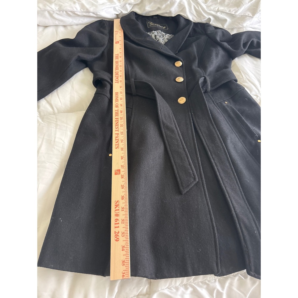 Vintage Guess Black Wool Blend Double Breasted Trench Coat Gold Buttons XL - Picture 11 of 11